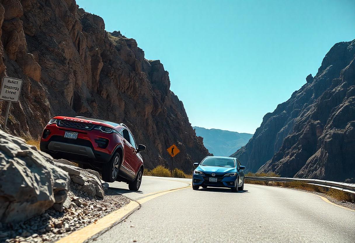 Two cars navigate a winding road surrounded by steep rocky cliffs under a clear blue sky.