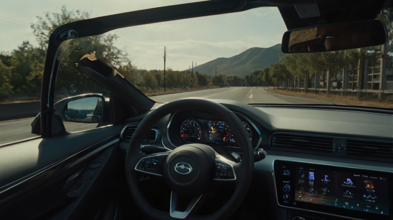 A view from the driver's seat of a car, showing a winding road with mountains in the background and a clear sky.