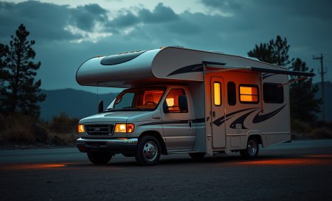 A silver recreational vehicle with an extended roof parked on a road, illuminated by warm lights against a twilight back