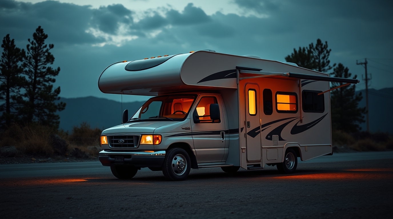 A silver recreational vehicle with an extended roof parked on a road, illuminated by warm lights against a twilight back
