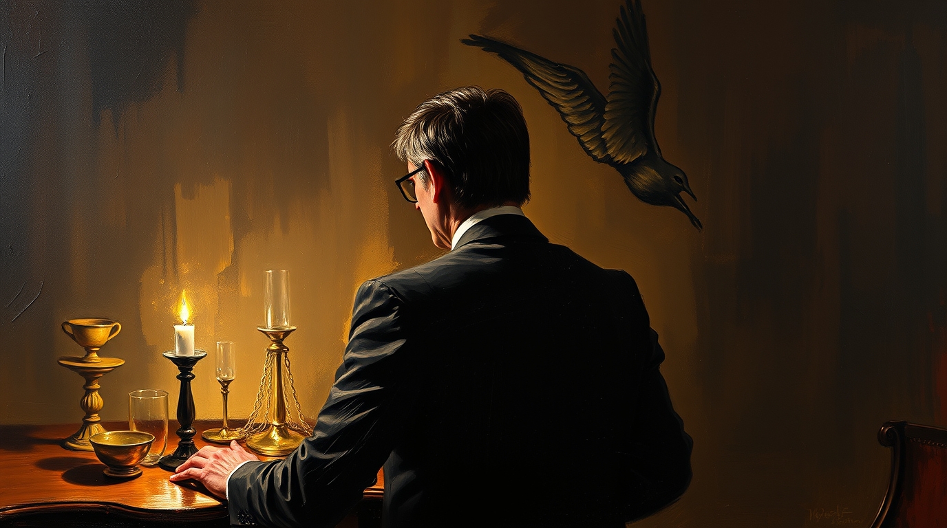 A man in a suit stands by a table with candles and glassware, illuminated by soft, warm light, while a bird flies above.