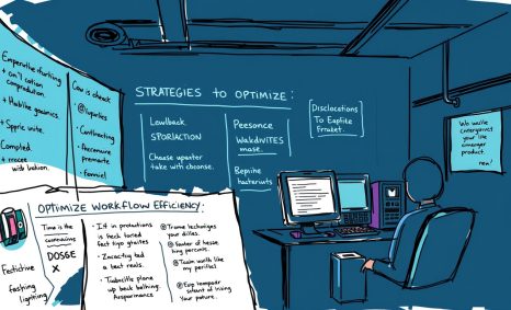 A person sits at a desk with a computer, surrounded by notes and a whiteboard outlining strategies for optimizing workfl