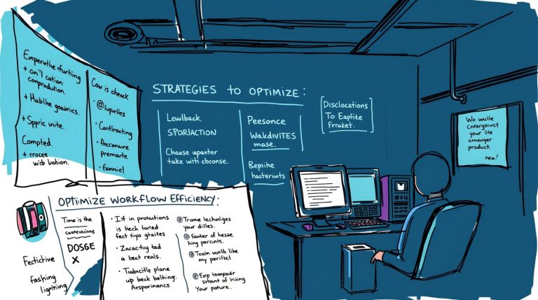 A person sits at a desk with a computer, surrounded by notes and a whiteboard outlining strategies for optimizing workfl