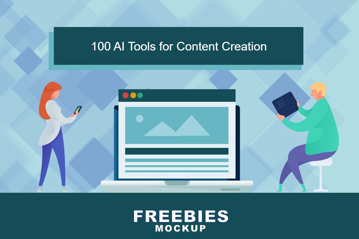 A woman in red and a man in teal interact with a laptop displaying a webpage titled "100 AI Tools for Content Creation.