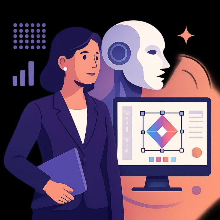 A businesswoman stands beside a computer displaying a design interface, with a robotic face in the background.