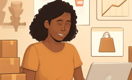 A woman with curly hair smiles while working on a laptop surrounded by boxes and business charts on the wall.