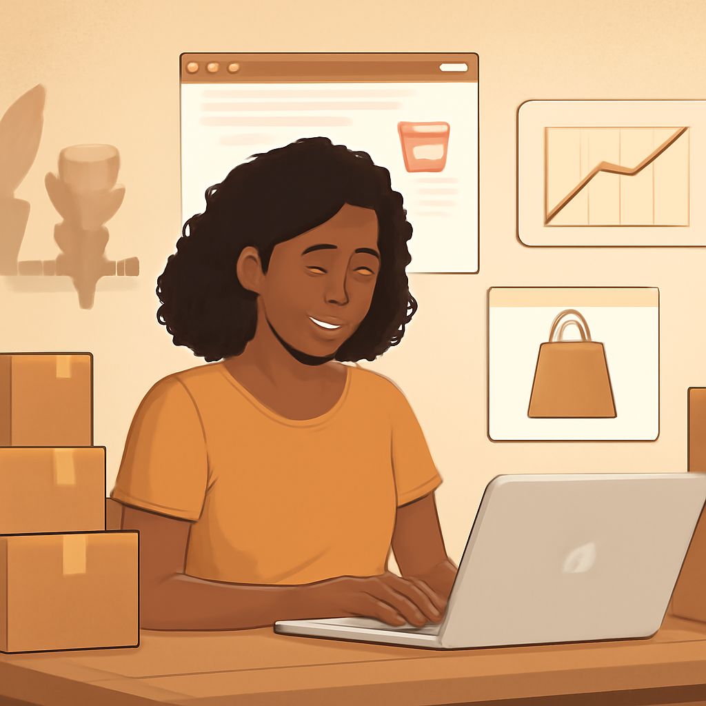 A woman with curly hair smiles while working on a laptop surrounded by boxes and business charts on the wall.