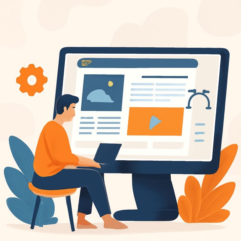 A person in an orange shirt sits at a laptop, viewing a large computer screen displaying a website layout.