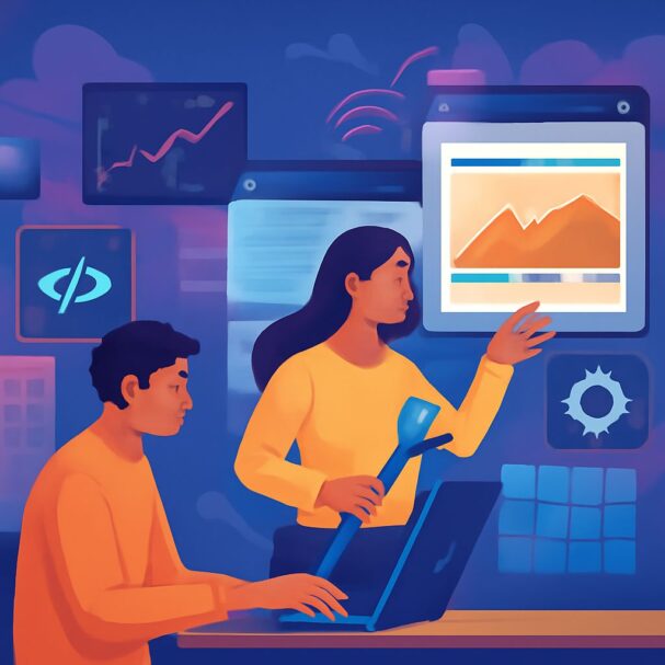 A woman in a yellow shirt points at a digital screen displaying a mountain image while a man in a black shirt listens at