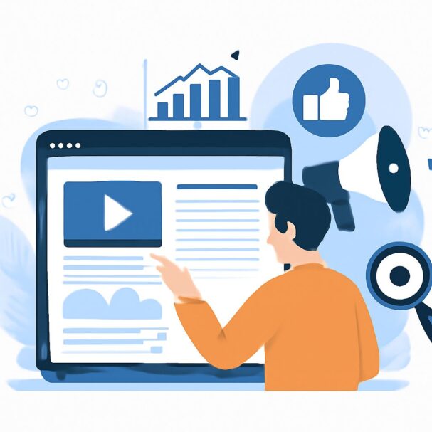 A person in an orange shirt points at a computer screen displaying a video play button and various graphs.