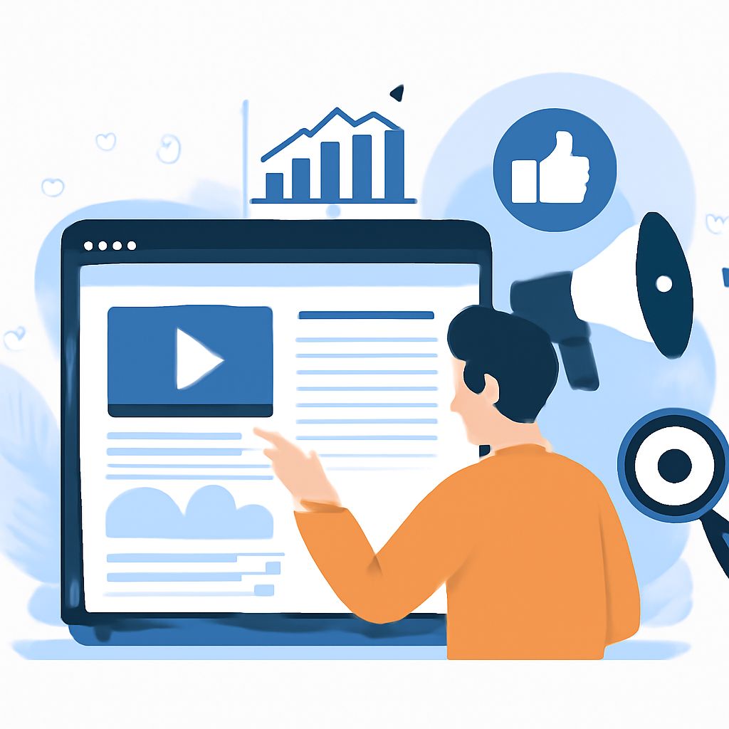 A person in an orange shirt points at a computer screen displaying a video play button and various graphs.