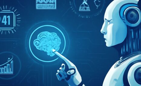 A futuristic robot points at a glowing brain icon surrounded by digital data and graphs in a blue-toned interface.