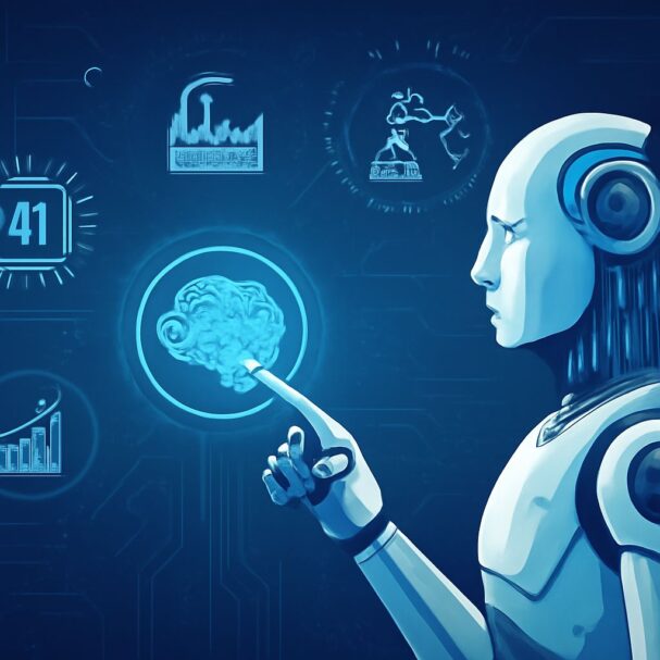 A futuristic robot points at a glowing brain icon surrounded by digital data and graphs in a blue-toned interface.