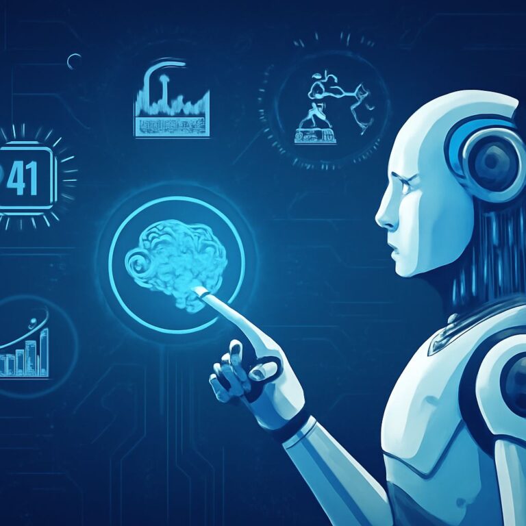 A futuristic robot points at a glowing brain icon surrounded by digital data and graphs in a blue-toned interface.