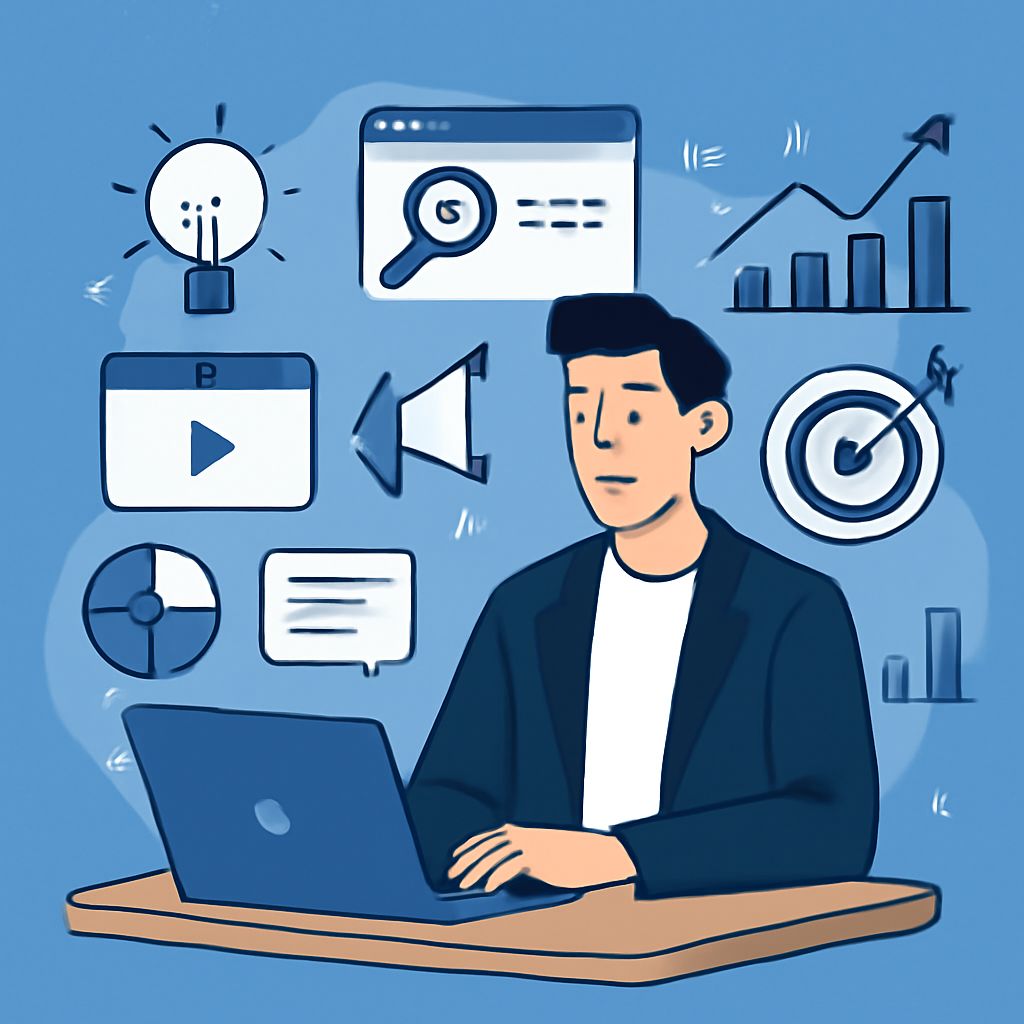 A man in a black blazer sits at a laptop, surrounded by icons representing digital media, analytics, and communication.
