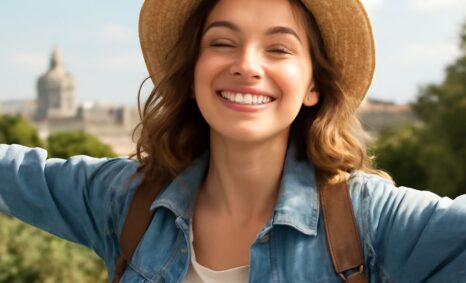 A young woman with wavy hair and a straw hat smiles broadly, arms outstretched, against a scenic backdrop.