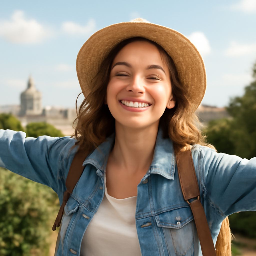 A young woman with wavy hair and a straw hat smiles broadly, arms outstretched, against a scenic backdrop.