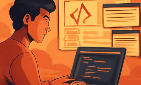 A young man with dark hair focuses on coding at a laptop, surrounded by glowing screens displaying programming content.