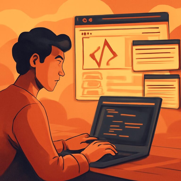 A young man with dark hair focuses on coding at a laptop, surrounded by glowing screens displaying programming content.