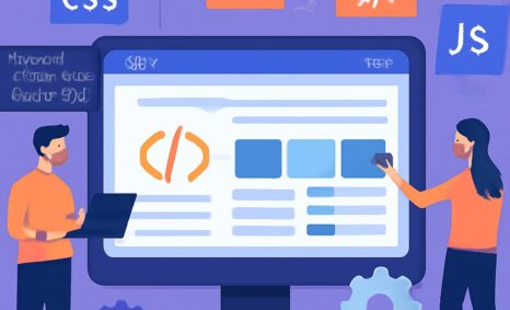 A man and a woman collaborate on a coding project at a computer, surrounded by programming language icons.