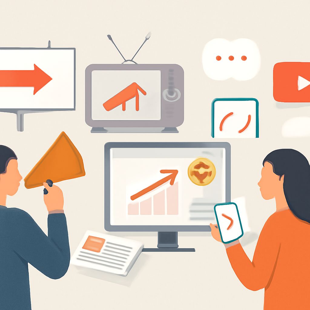 A person holds a megaphone while another looks at a smartphone, surrounded by graphs and digital media icons.