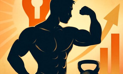 A muscular silhouette flexes an arm beside a kettlebell, with upward arrows and a sunburst background.