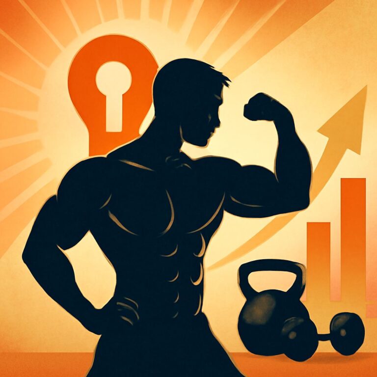 A muscular silhouette flexes an arm beside a kettlebell, with upward arrows and a sunburst background.
