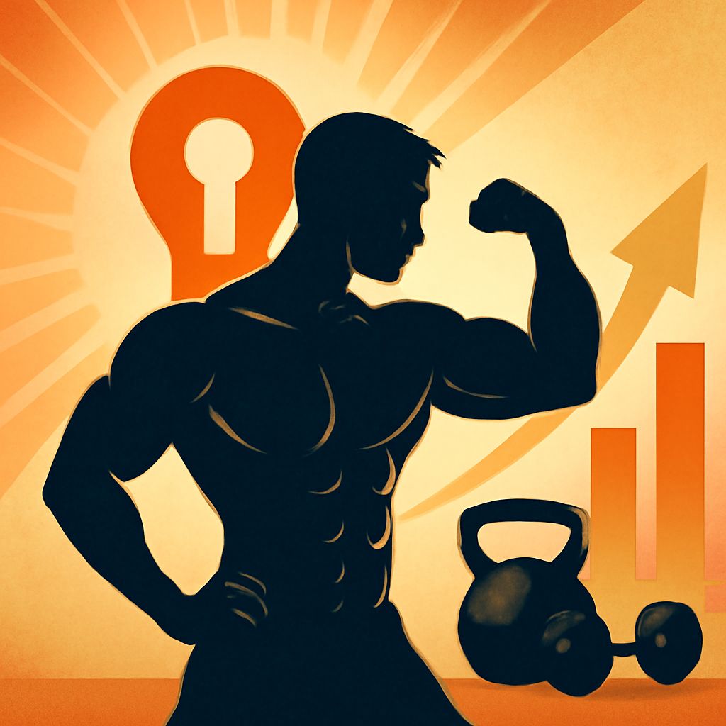 A muscular silhouette flexes an arm beside a kettlebell, with upward arrows and a sunburst background.