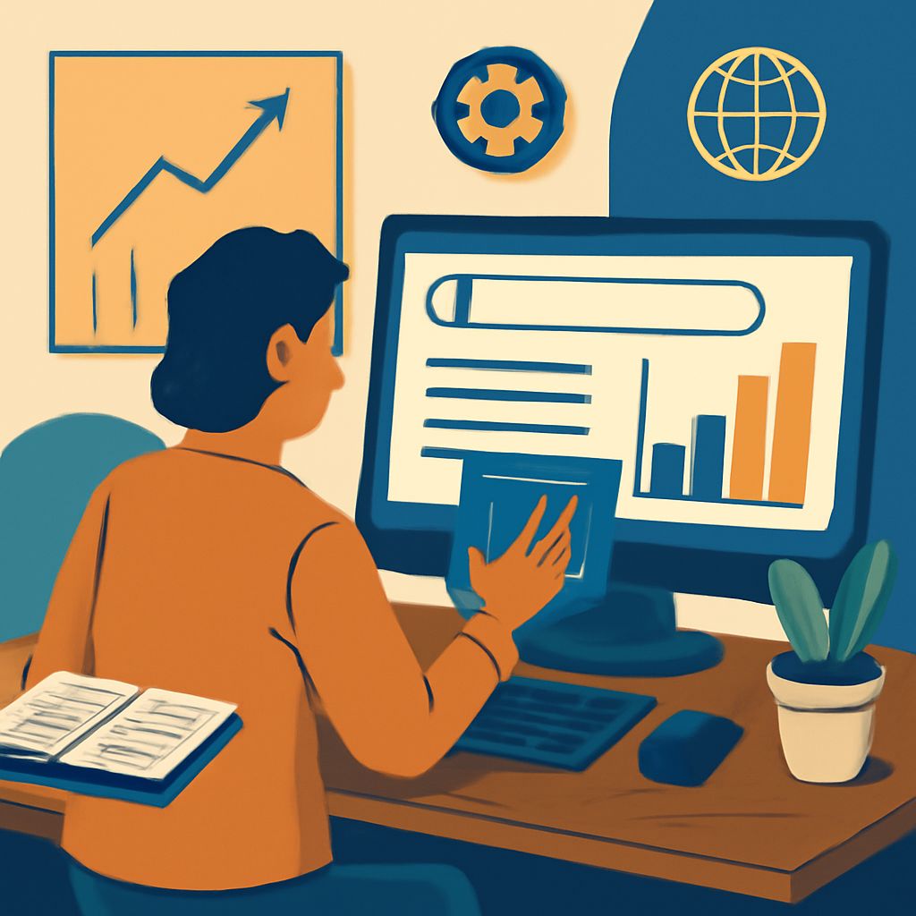 A person with dark hair interacts with a computer displaying graphs and data while seated at a wooden desk.