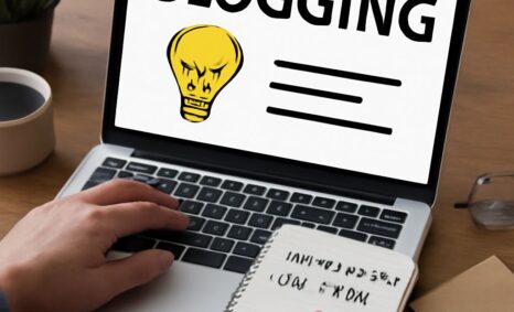 A hand rests on a laptop keyboard displaying "BLOGGING" with a light bulb graphic, next to a notepad and coffee cup.