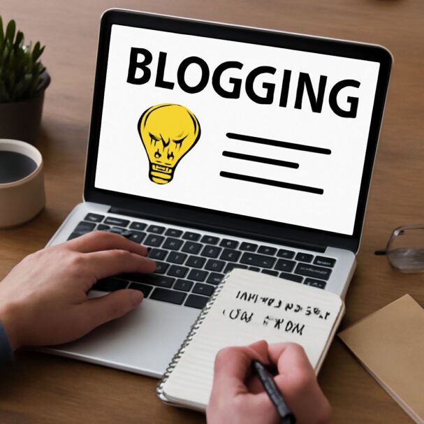 A hand rests on a laptop keyboard displaying "BLOGGING" with a light bulb graphic, next to a notepad and coffee cup.