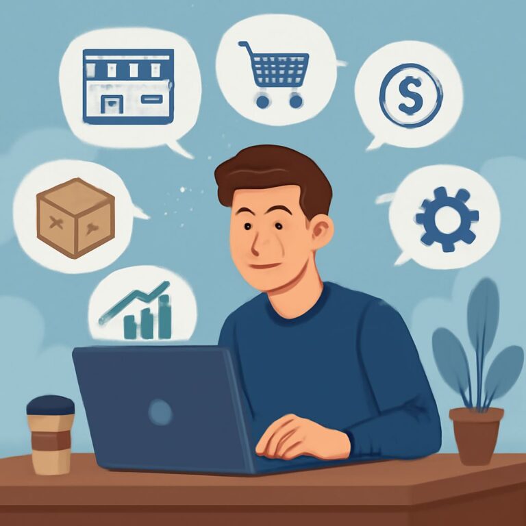 A young man in a blue sweater works on a laptop, surrounded by icons representing business and analytics.