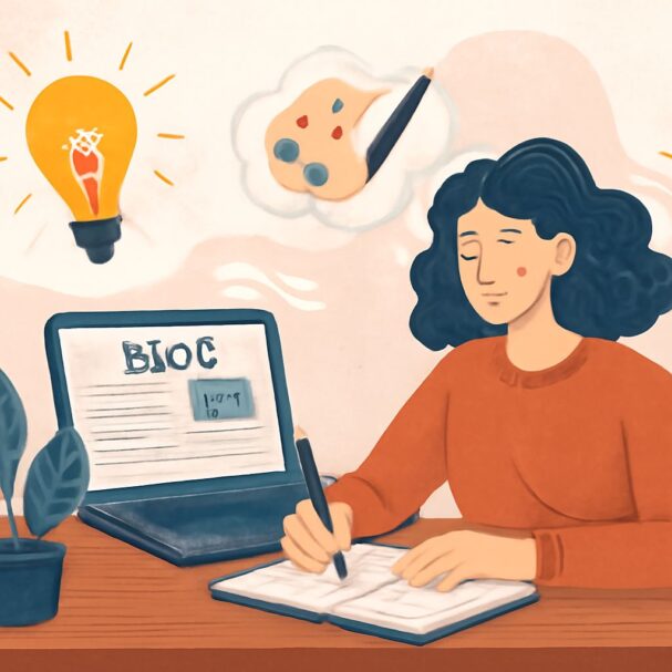 A woman with curly hair writes in a notebook while focused on a laptop displaying a document labeled "BIOC.