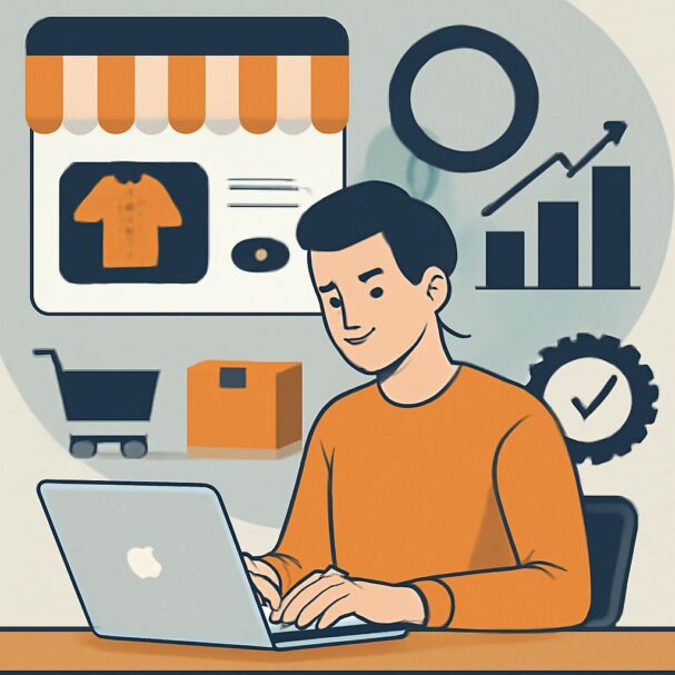 A young man in an orange shirt sits at a laptop, surrounded by icons of shopping carts, packages, and growth charts.
