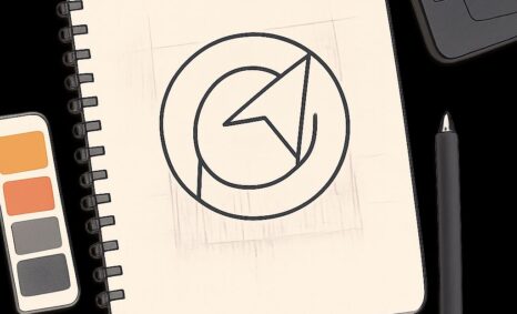 A sketchbook page features a circular logo design with a stylized arrow and compass, surrounded by color swatches.