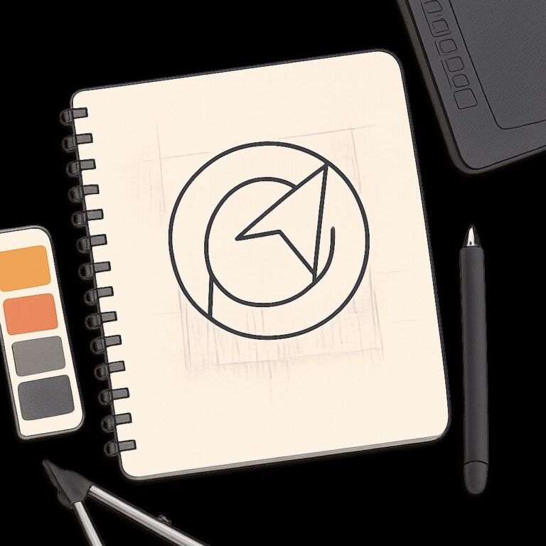 A sketchbook page features a circular logo design with a stylized arrow and compass, surrounded by color swatches.
