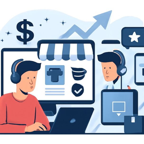 Two men with headsets are engaged in a discussion, surrounded by digital icons representing online shopping and support.