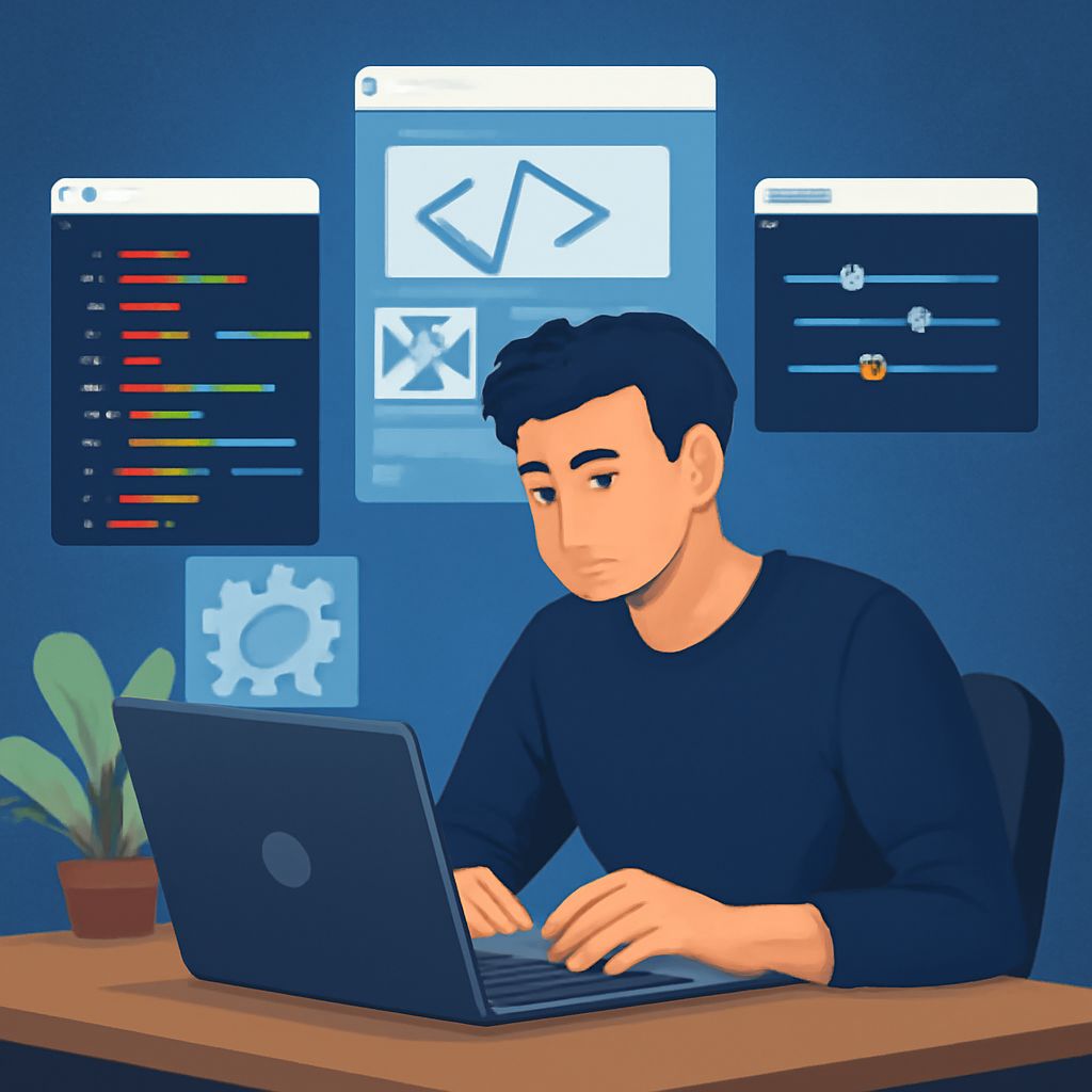 A focused young man with dark hair sits at a laptop, surrounded by colorful coding screens and a green plant.