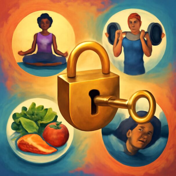 A golden padlock with a key sits at the center, surrounded by illustrations of people engaging in wellness activities li