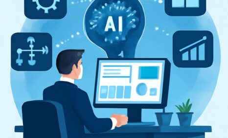 A man in a suit sits at a desk, analyzing data on a computer screen with AI-related icons in the background.