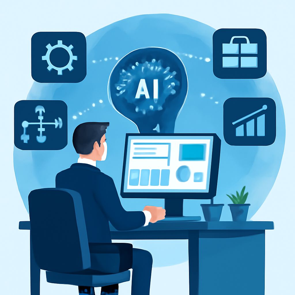 A man in a suit sits at a desk, analyzing data on a computer screen with AI-related icons in the background.