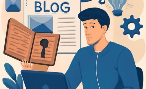 A young man in a blue jacket holds an open book with a keyhole while sitting at a laptop, surrounded by blog-related gra