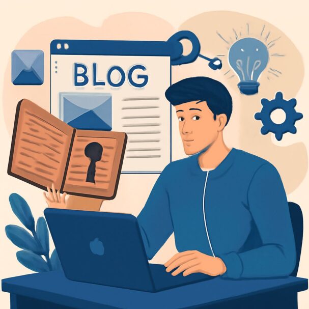 A young man in a blue jacket holds an open book with a keyhole while sitting at a laptop, surrounded by blog-related gra