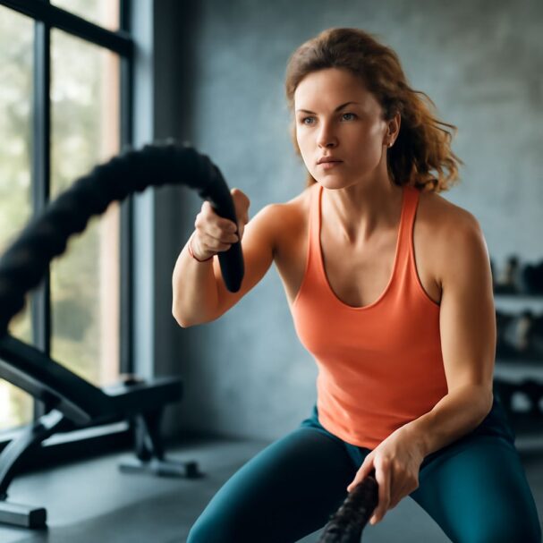 A focused woman in an orange tank top exercises with battle ropes in a well-lit gym.