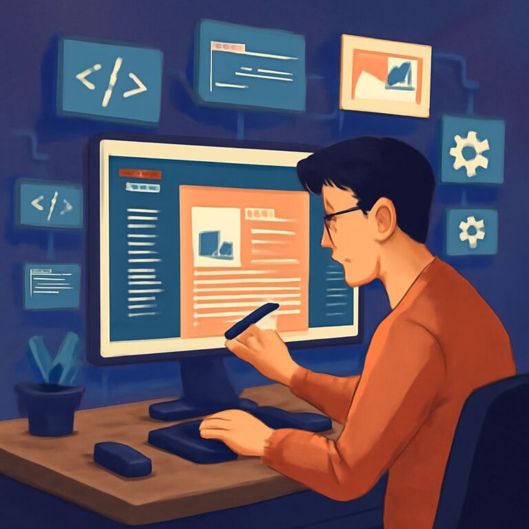 A person with glasses is focused on a computer screen displaying a website layout, using a stylus to make notes.