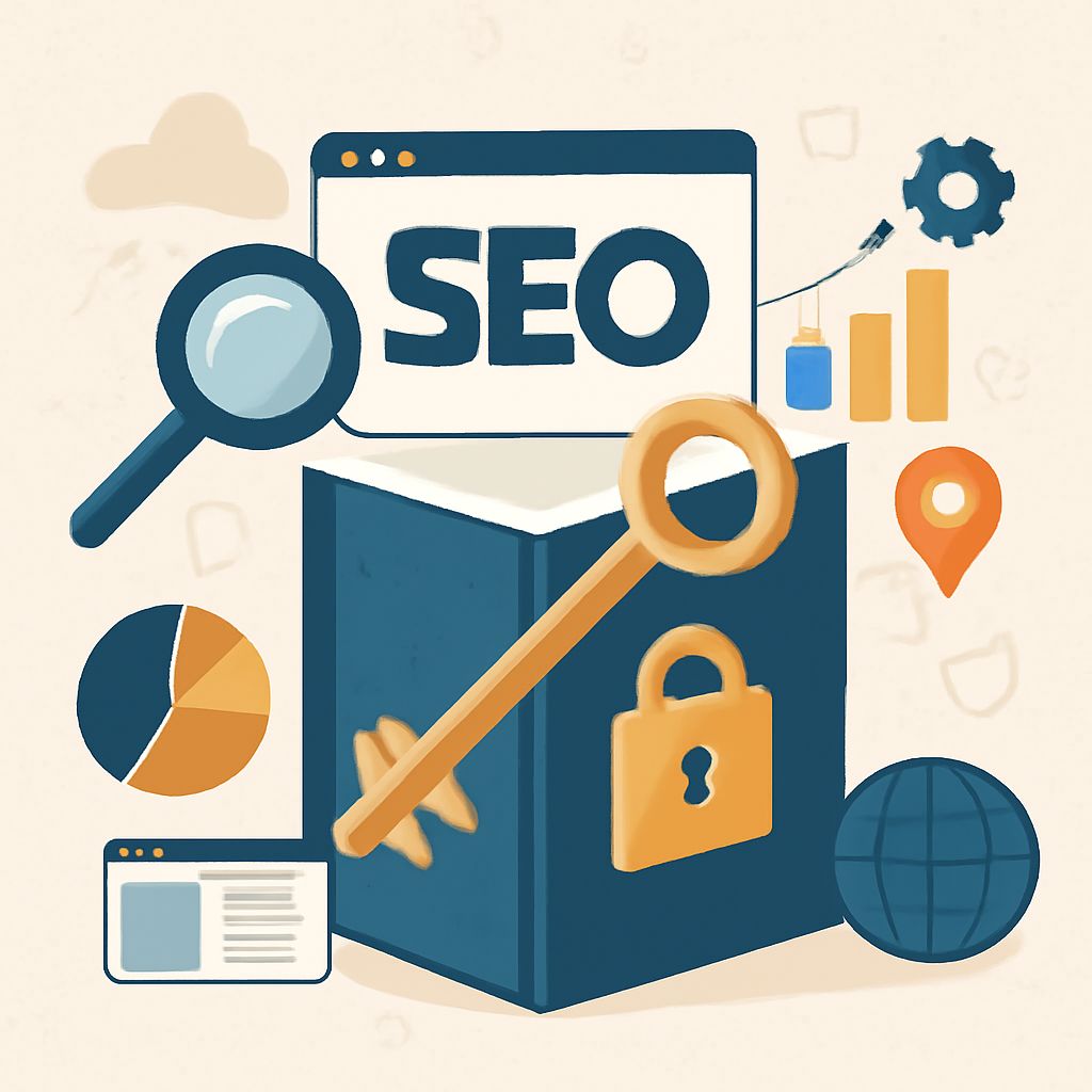 A blue book labeled "SEO" is surrounded by a magnifying glass, key, lock, pie chart, and globe icons.
