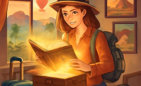 A young woman with a backpack smiles as she opens a glowing book inside a cozy room with travel-themed decor.