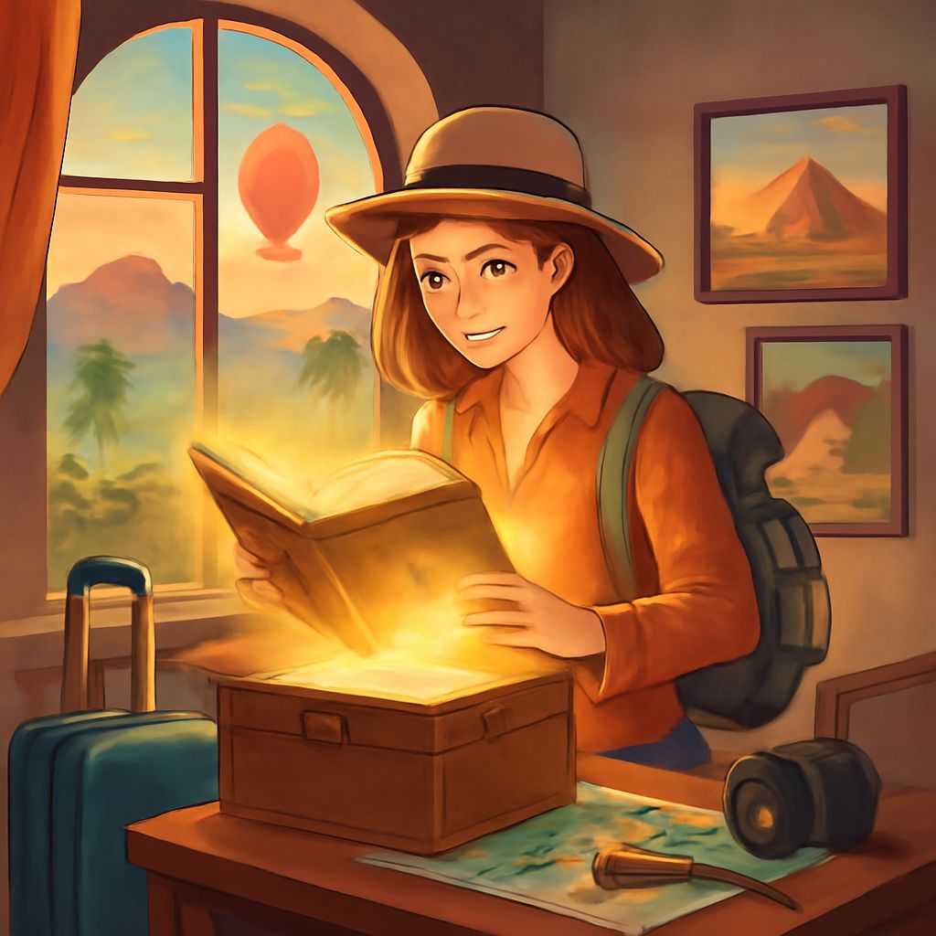 A young woman with a backpack smiles as she opens a glowing book inside a cozy room with travel-themed decor.