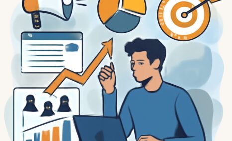 A young man sits at a laptop, analyzing graphs and charts, with icons of a megaphone, target, and upward arrow surroundi