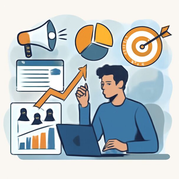 A young man sits at a laptop, analyzing graphs and charts, with icons of a megaphone, target, and upward arrow surroundi